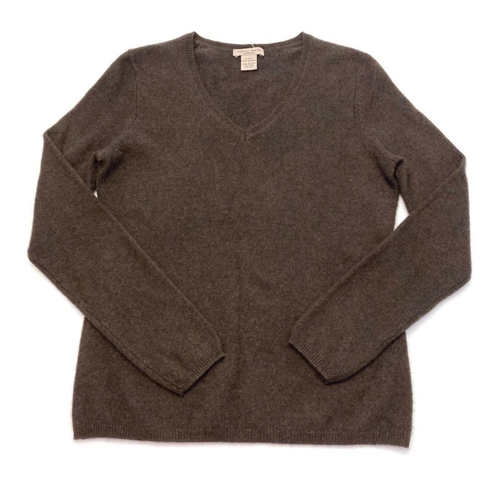 Vertical Design 100% 2-ply Cashmere Brown V-neck Sweater‎ Womens Small